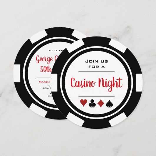 Schwarz-weißer Poker Chip Casino Einladung (Vorne/Hinten)