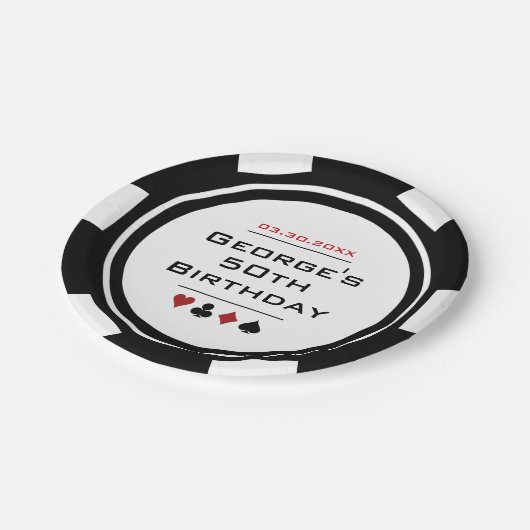 Schwarz-weißer Poker Chip Las Vegas Casino Pappteller (Schrägansicht)