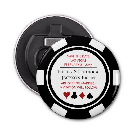 Schwarz-weißer Poker Chip Save the Date Vegas Wedd Flaschenöffner (Vorderseite)