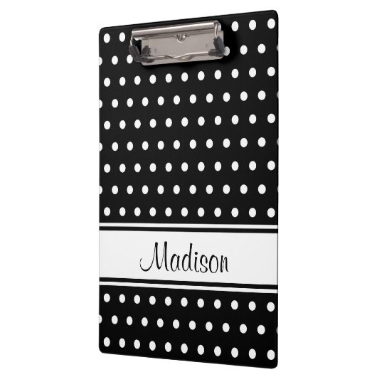 Schwarz-weißer Polka Dot Strip Skriptname Klemmbrett (Links)