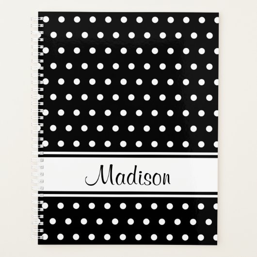 Schwarz-weißer Polka Dot Strip Skriptname Planer (Vorderseite)