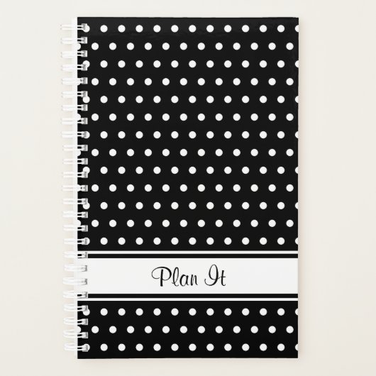 Schwarz-weißer Polka-Dot-Strip-Skripttext Planer (Vorderseite)