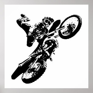 Schwarz-weißer Pop Art Motocross Motorradsport Poster