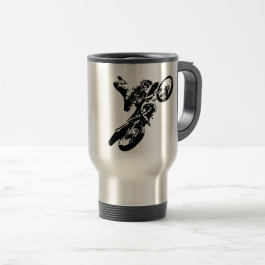 Schwarz-weißer Pop Art Motocross Motorradsport Reisebecher (VorderseiteRechts)