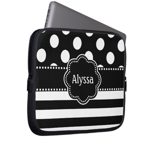 Schwarz-weißer Punkt-Streifen-personalisierte Laptopschutzhülle (Vorne Rechts)