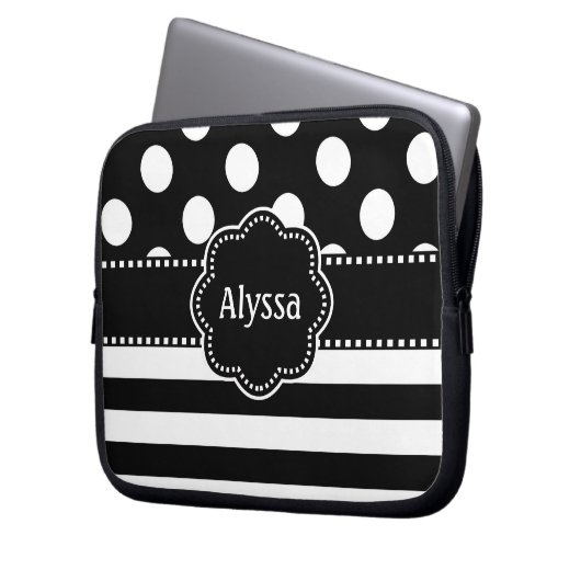 Schwarz-weißer Punkt-Streifen-personalisierte Laptopschutzhülle (Vorderseite Links)