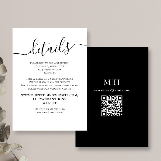 Schwarz-weißer QR-Code für Hochzeiten Minimalistis Begleitkarte