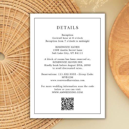 Schwarz-weißer Qr-Code Minimale Hochzeitdetails Begleitkarte