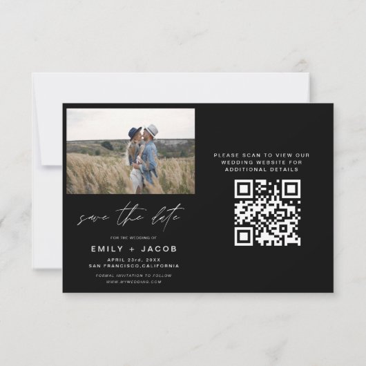 Schwarz-weißer QR-Code Moderner Save the Date 4 Fo (Rückseite)