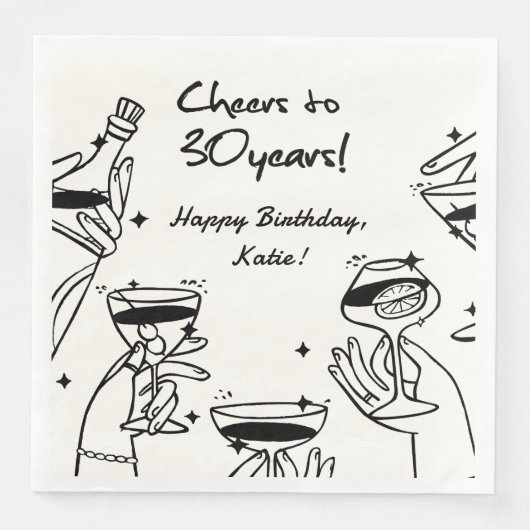 Schwarz-weißer Retro Handziehen Funky Cocktail Geb Serviette (Vorderseite)