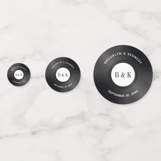 Schwarz-weißer Rock'n'Roll Monogram Name Vinyl Rec Konfetti (Rückseiten)