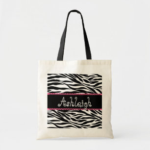 Schwarz-weißer rosa individueller Namezebra-Druck Tragetasche