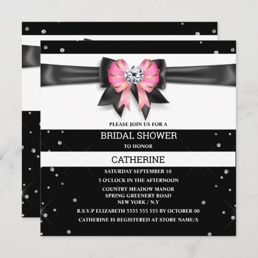 Schwarz-weißer Rosa Streifen Glitzer Bugfunkel Einladung (Vorne/Hinten)