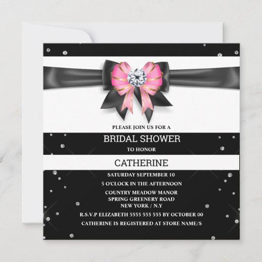 Schwarz-weißer Rosa Streifen Glitzer Bugfunkel Einladung (Vorderseite)