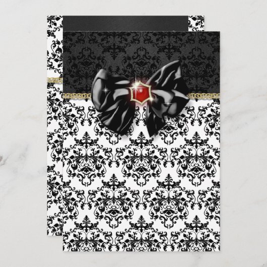Schwarz-weißer roter Damast Einladung (Vorne/Hinten)