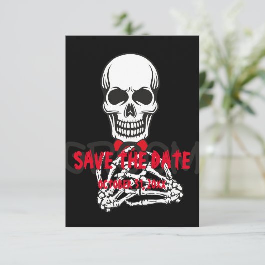 Schwarz-weißer ROTER HALLER SKULL SAVE THE DATE (Stehend Vorderseite)