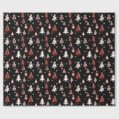 Schwarz-weißer Roter Winter Pine Tree Schnee Geschenkpapier (Flach)