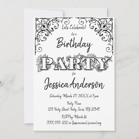 Schwarz-weißer Rustikaler Wohn- und Blumengeburt Einladung (Vorderseite)