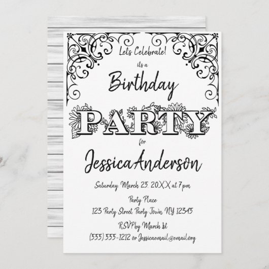 Schwarz-weißer Rustikaler Wohn- und Blumengeburt Einladung (Vorne/Hinten)