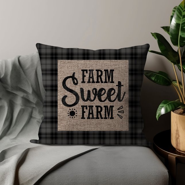 Schwarz-weißer Schachbrett Kissen (Black checkered and burlap "Farm sweet farm" decorator pillow)
