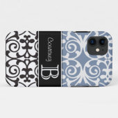Schwarz-weißer Schiefer-blaues Damast-Monogramm Case-Mate iPhone Hülle (Rückseite (Horizontal))