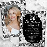 Schwarz-weißer Silberdamassel Foto 50. Geburtstag Einladung<br><div class="desc">Elegante florale feminine 50. Geburtstagseinladung mit Ihrem Foto auf der Kartenrückseite. Glam Schwarz-weißes Design mit Imitaten Glitzer Silber. Enthält schwarz-weiße Damasketmuster, Rose, Skript-Schriftart und Konfetti. Ideal für ein stilvolles Party für Erwachsene. Personalisieren Sie Ihre persönlichen Daten. Kann für jedes Alter angepasst werden! Gedruckte Zazzle Einladungen oder Sofortdownload digitalen druckbaren Vorlage....</div>