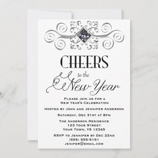 Schwarz-weißer Silberner Glamour Silvester Party Einladung (Vorderseite)