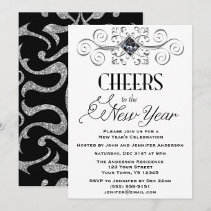 Schwarz-weißer Silberner Glamour Silvester Party Einladung