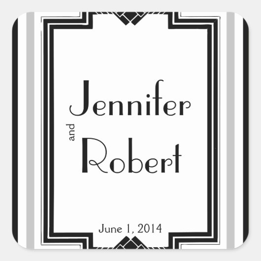 Schwarz-weißer Silver Art Deco Frame Umschlag Aufk Quadratischer Aufkleber (Vorderseite)