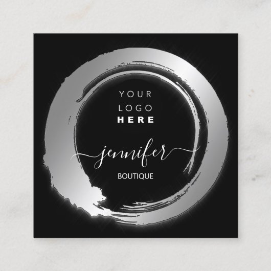 Schwarz-weißer Silver Custom QR LOGO SHOP Quadratische Visitenkarte (Vorderseite)