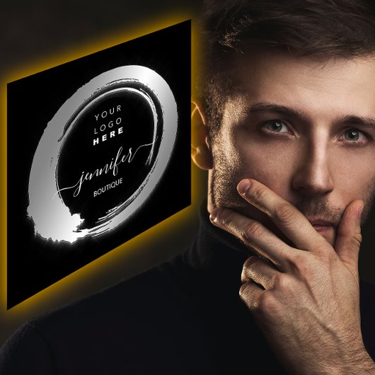 Schwarz-weißer Silver Custom QR LOGO SHOP Quadratische Visitenkarte