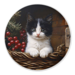 Schwarz-weißer Smoking-Katze-Winterszene-Malerei Keramikknauf