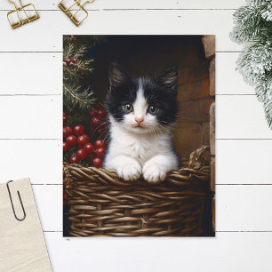 Schwarz-weißer Smoking-Katze-Winterszene-Malerei Postkarte