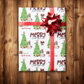 Schwarz-weißer Spaniel, Vogel und Weihnachtsbaum Geschenkpapier