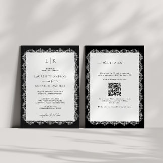 Schwarz-weißer Spitzenrahmen Monogramm QR-Code Hoc Einladung