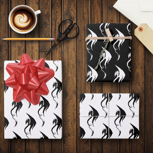 Schwarz-weißer Stammesdrache Geschenkpapier Set