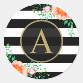 Schwarz-weißer Streifen aus Aquarellgoldmonogramm Runder Aufkleber