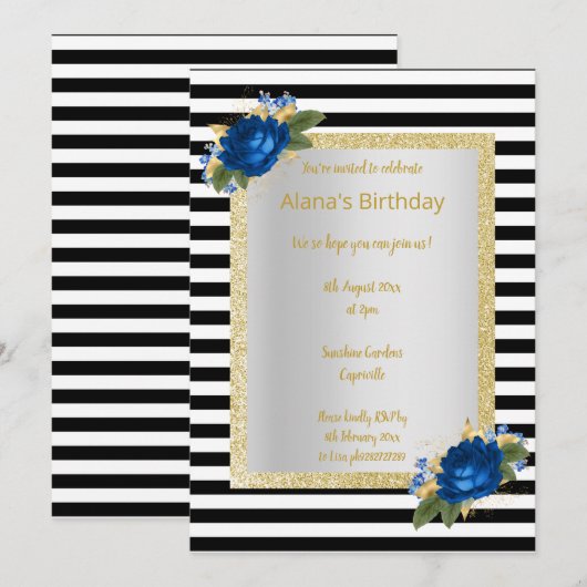 Schwarz-weißer Streifen Blumenstrauß Geburtstag Einladung (Vorne/Hinten)