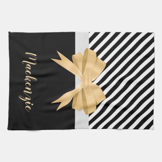 Schwarz-weißer Streifen Goldem Bogen Geschirrtuch (Horizontal)
