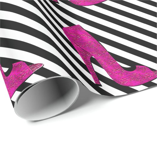 Schwarz-weißer Streifen mit Hot Pink High Heels Geschenkpapier (Rolleneckpunkt)