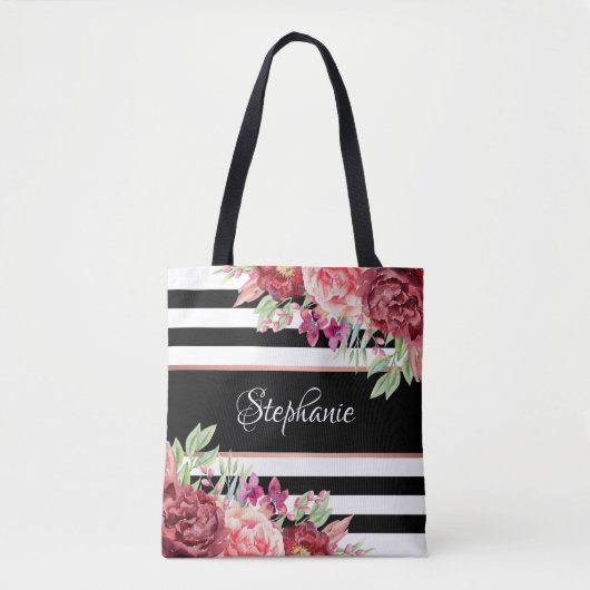 Schwarz-weißer Streifen Modernes, florales Persona Tasche (Vorderseite)