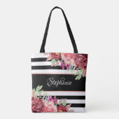 Schwarz-weißer Streifen Modernes, florales Persona Tasche (Rückseite)