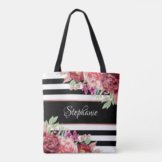 Schwarz-weißer Streifen Modernes, florales Persona Tasche (Rückseite)