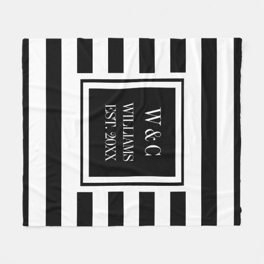 Schwarz-weißer Streifen Stilvolles Monogramm Fleecedecke (Vorderseite (Horizontal))