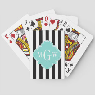 Schwarz-weißer Streifen Türkis-Folie 3 Monogramm Spielkarten