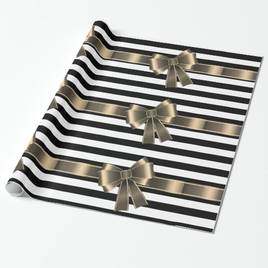 Schwarz-weißer STRIPE RIBBON BOW GEBURTSTAG Geschenkpapier (Ungerollt)