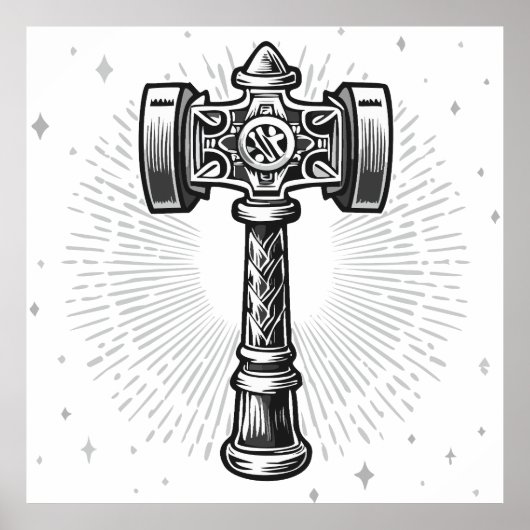 Schwarz-weißer Thors Hammer Mjolnir Poster (Vorne)