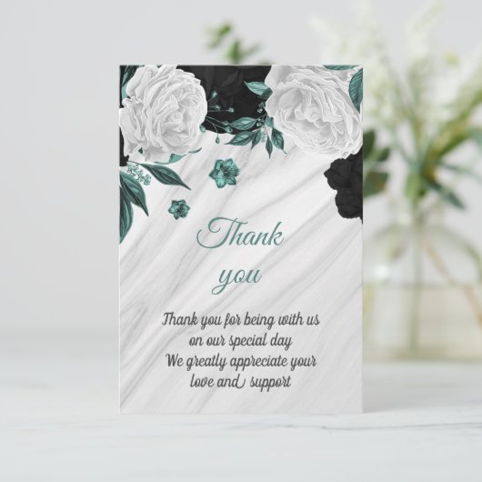 Schwarz-weißer und aquamariner botanischer Marmor Dankeskarte (Stehend Vorderseite)