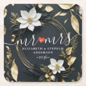 Schwarz-weißer und goldener Blumenkranz Hochzeit Rechteckiger Pappuntersetzer (Vorderseite)