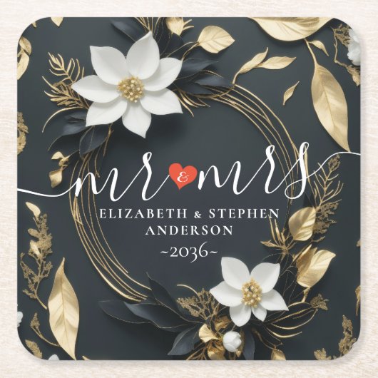 Schwarz-weißer und goldener Blumenkranz Hochzeit Rechteckiger Pappuntersetzer (Vorderseite)